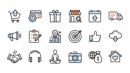 Fototapeta premium Set of modern colorful business and e-commerce line icons including shopping cart delivery truck and analytics tools for professional web design and digital marketing projects