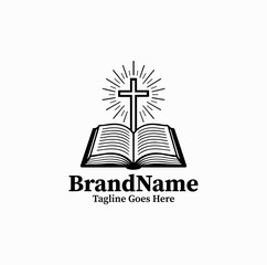 Naklejka premium Open Bible Cross Church Logo