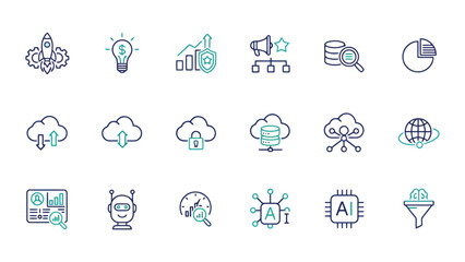 Fototapeta premium Modern duo-tone technology icons for artificial intelligence data analysis and e-commerce business solutions