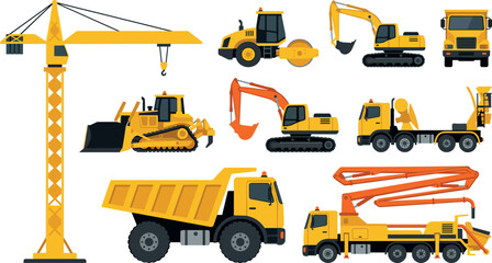  Yellow Heavy Construction Machine Set with Tower Crane, Excavator, Bulldozer, Dump Truck, and Concrete Pump Vector Illustration for Industry Design Projects © MstTazmina
