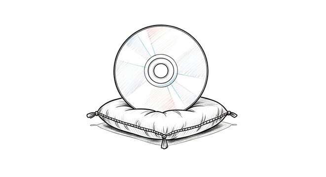 Compact disc resting on decorative pillow illustration sketch.