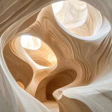 Interior, flowing shapes, light streams in from above