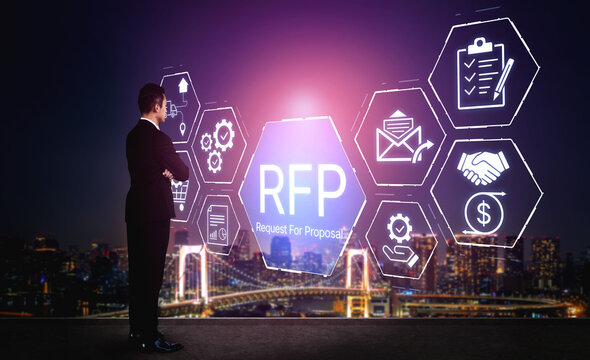 Businessman Analyzing Digital RFP Concept with Icons for Proposal Submissions and Corporate Branding against City Skyline Background. Bitwise.