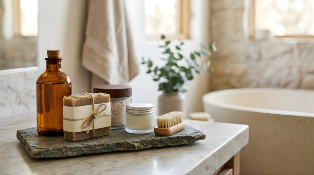 Spa bathroom vanity with natural skincare products and accessories on marble