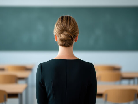 Teacher classroom chalkboard education school woman us labor day theme with teacher classroom facing chalkboard calm mood for education and back