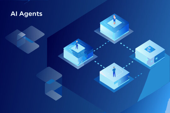 Isometric illustration depicting ai agents and interconnected digital platforms