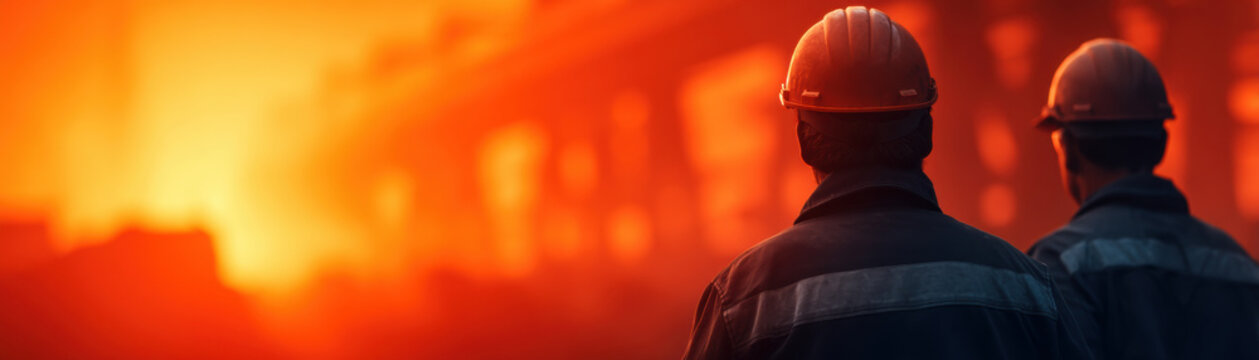 Construction worker hard hat sunset industrial site safety back view us labor day tribute with warm sunset over industrial site and safety gear