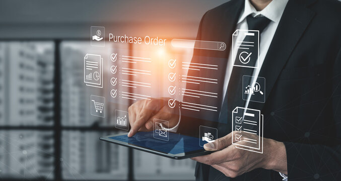 Business Professional Managing Digital Purchase Orders on a Tablet with Graphical User Interface Elements in a Modern Office Environment. Bitwise.