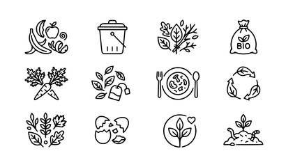 Obraz premium Minimal Organic Compost Waste Outline Icons Collection in Thin Black Line Vector Style