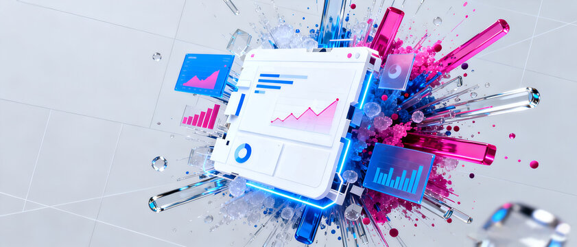 Conceptual 3D illustration of an analytics data dashboard exploding with abstract glassmorphic elements and neon splashes for technology business background.