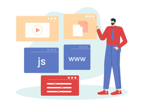 Front-end developer working on website design, showcasing key technologies like JavaScript. Web development illustrations. Flat vector concepts.
