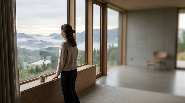 Woman looking out of a modern window at a foggy mountain lake view