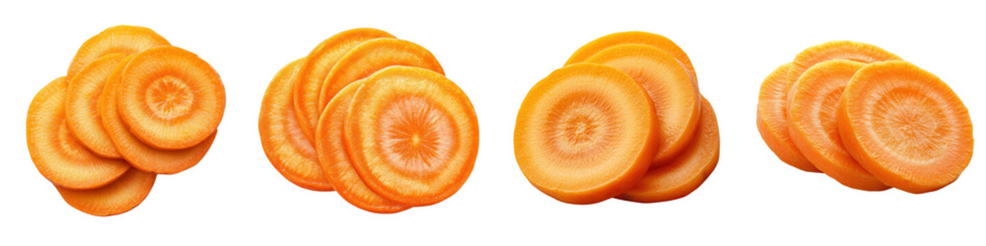 Set of Four Stacks of Fresh Sliced Orange Carrots Isolated on White Background - Healthy Vegetable and Food Ingredient Collection
