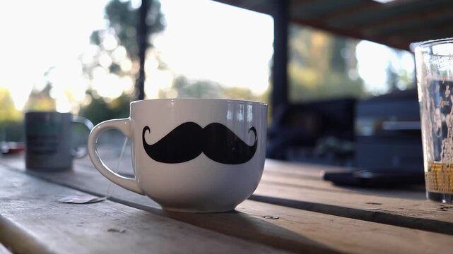 a cup of tea outdoors on a table at sunset