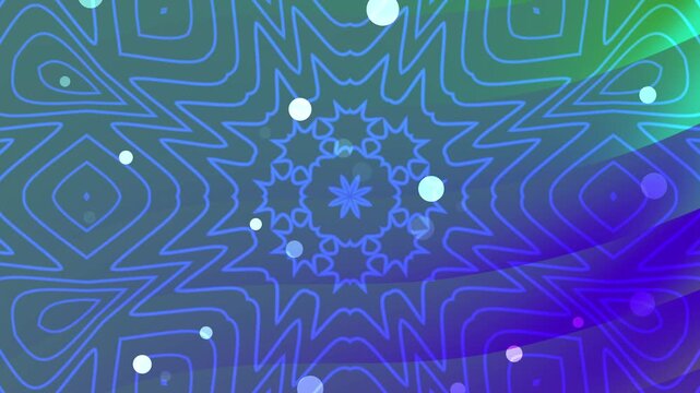Blue geometric kaleidoscopic patterns with circular light bokeh effects creating colorful abstract digital art suitable for backgrounds or print designs.