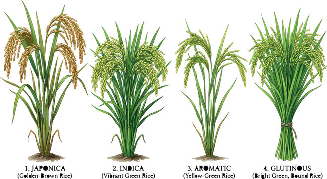 Rice Plant Varieties Vector Illustration Featuring Japonica, Indica, Aromatic, and Glutinous Paddy Crops for Agricultural and Botanical Education Design