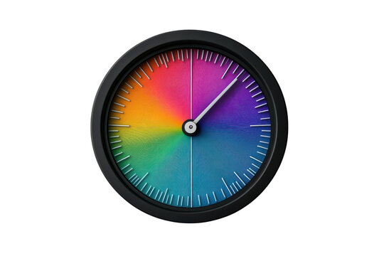 Colorful clock face with rainbow gradient and white hands on black background time, Isolated On White, Png Transparent, Cut Out