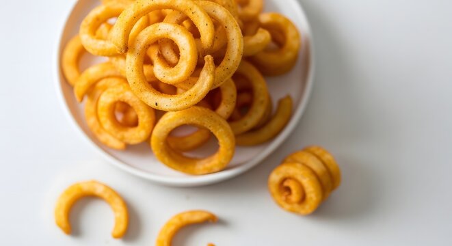 A close-up shot of a white plate filled with golden-brown, crispy curly fries, with several individual fries scattered on the white surface beside it.