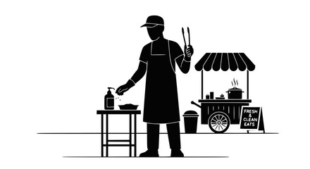 Street food vendor preparing food with sanitation supplies at cart © Pemancing