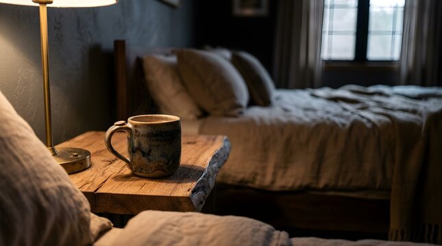 Ceramic mug with coffee on rustic wooden nightstand in cozy bedroom at night