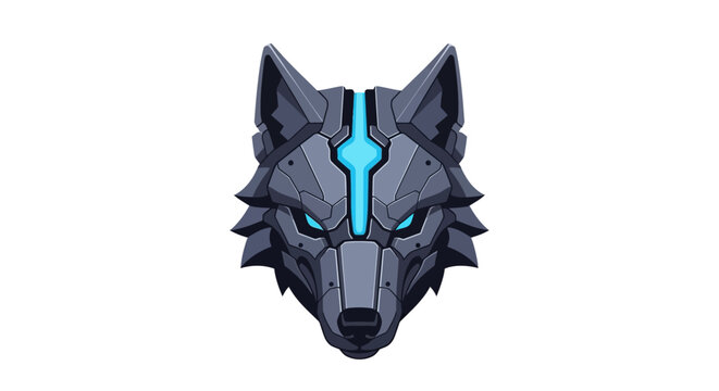 Futuristic cybernetic wolf head with glowing digital accents.