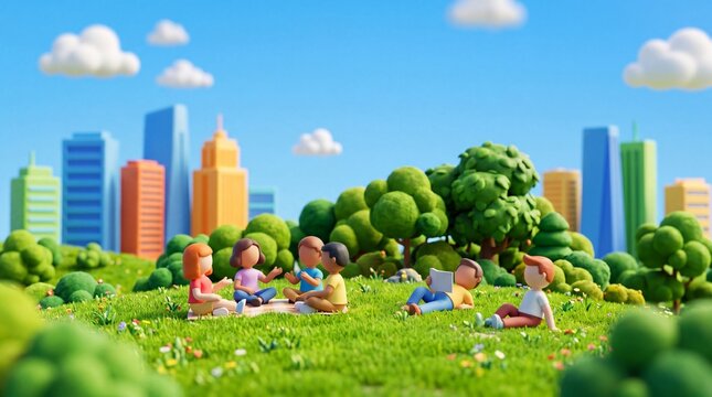 Colorful tilt shift 3D scene of people relaxing in a green urban park with city skyline, trees, grass and blue sky. Eco lifestyle and community concept.