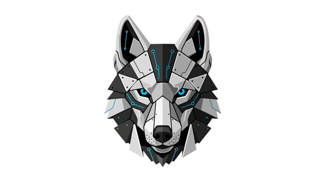 Geometric Wolf Head Illustration with Glowing Blue Eyes.
