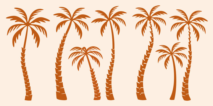 Seven palm tree silhouettes in orange on white background