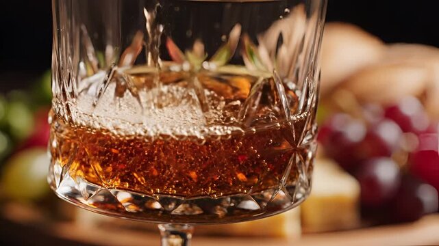 Closeup of Amber Liquid Pouring into a Crystal Glass with Cheese and Grapes.