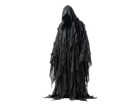 A hooded figure in a tattered black cloak stands eerily on a white background.