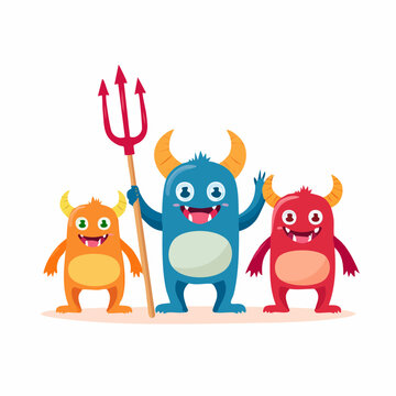 Three Cartoon Monsters with Horns and Trident