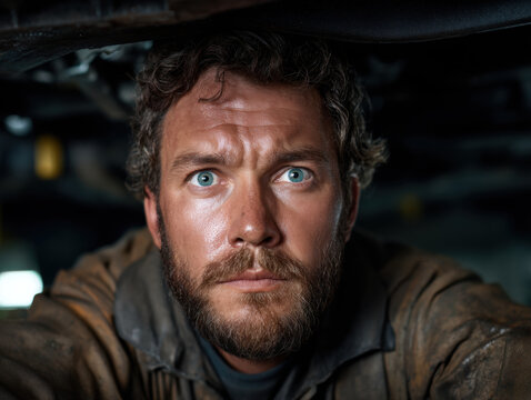 Mechanic portrait workshop labor day dirty coverall blue eye bearded man us pride with focused gaze under vehicle in garage