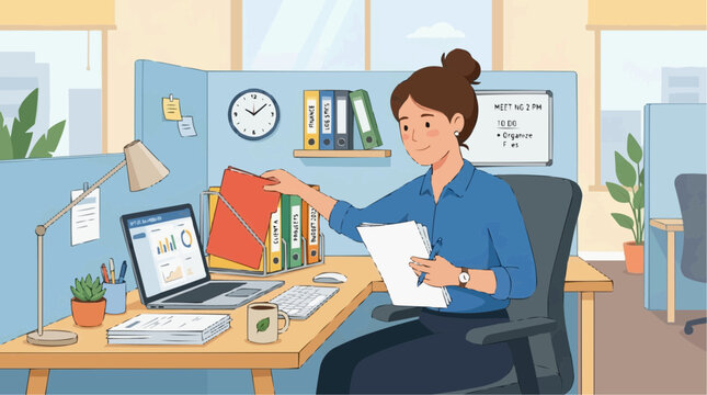 2D Flat Vector Woman organizing files at her office desk with laptop and charts