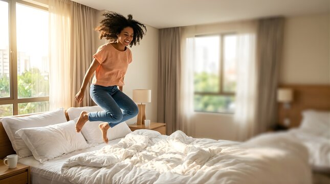 Happy young woman jumping on bed in a bright modern bedroom during daytime