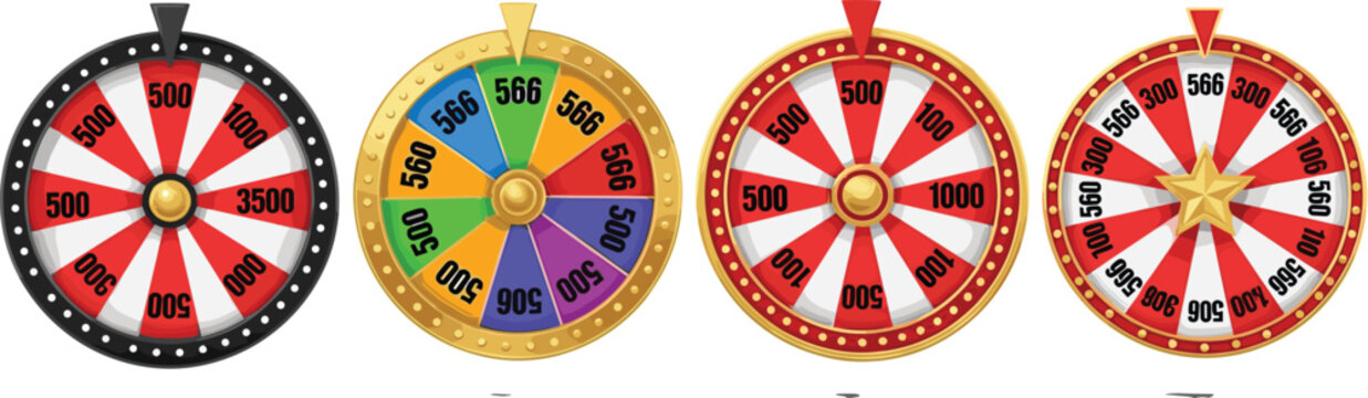 Colorful Prize Wheel Collection with Spinning Game Wheels, Reward Segments, and Jackpot Values for Casino, Lottery, and Lucky Draw Vector Illustration