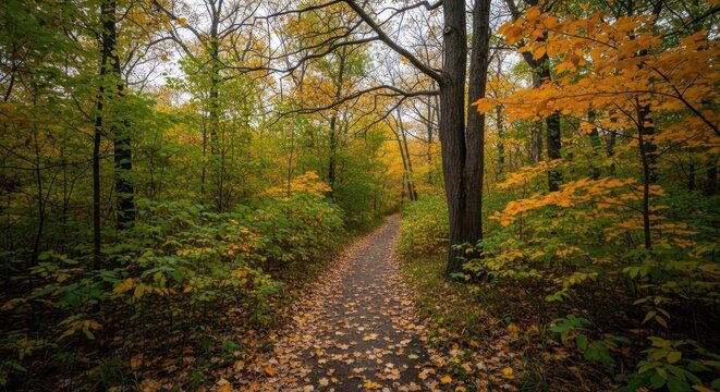 A scenic autumn forest trail covered in fallen leaves, inviting peaceful walks through vibrant seasonal foliage.