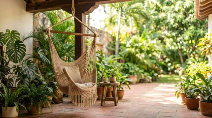 Fototapeta premium Macrame hanging chair on a tropical terrace with lush plants and morning sun