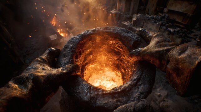 POV of Pouring Molten Bronze into Traditional Clay Bell Mold.