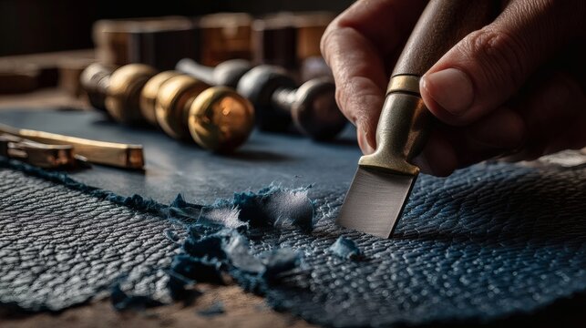 POV of Bookbinder Skiving Goatskin Leather for Cover Binding.