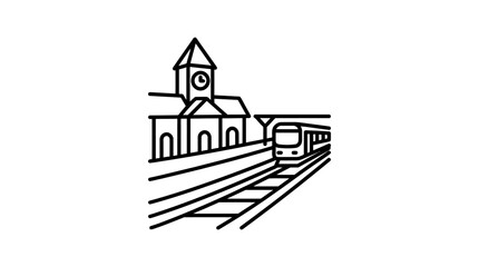 Train Station Building and Modern Train on Tracks, Line Art Illustration © Runnaaz