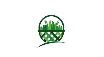 Obraz premium Green cityscape logo with eco friendly recycling symbol.