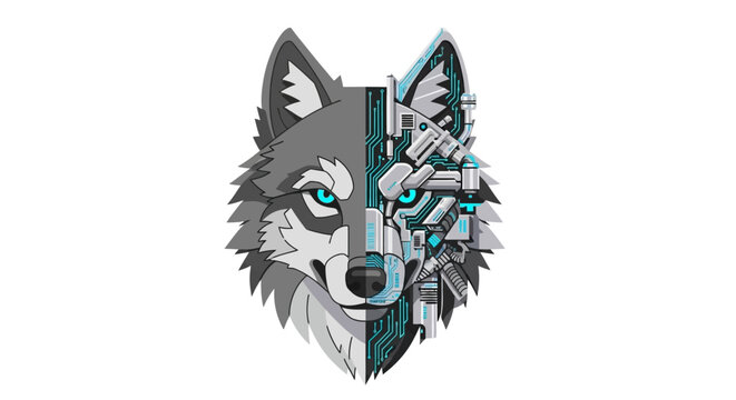Geometric Wolf Head Illustration with Glowing Cyber Eyes.