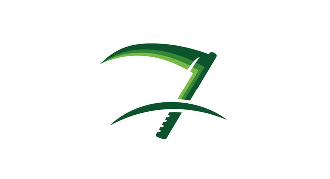 Modern green scythe logo with abstract design elements.
