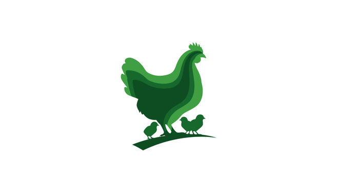 Illustrated green hen and chick stylized graphic design.
