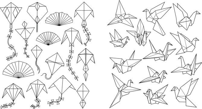 Origami and Kite Line Art Collection Illustration with Paper Birds and Traditional Kites for Craft Design and Cultural Concepts