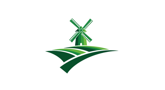 Green Windmill Logo with Agricultural Field Design Elements.