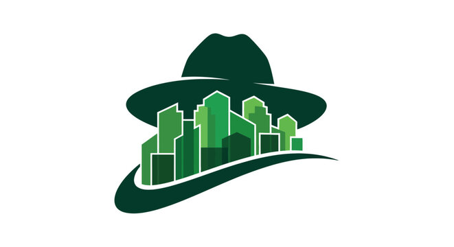 Green fedora hat with urban skyline silhouette design.