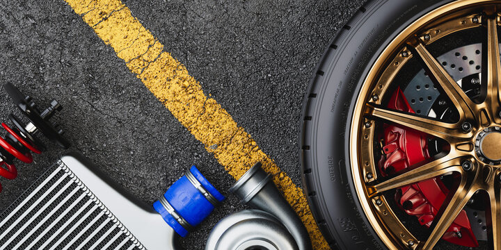 Top view of performance car parts wheel, turbo, intercooler on asphalt background