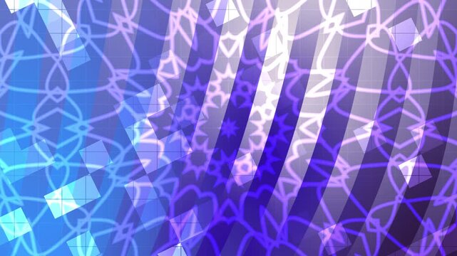 Blue purple light beams overlap intricate mandala pattern background, suitable for vibrant and dynamic design projects in various industries.