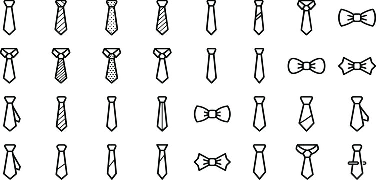 Minimal Necktie and Bow Tie Icon Collection Featuring Formal Fashion Accessories, Business Dress Symbols, and Stylish Outline Clothing Elements for Professional Designs